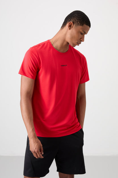 Red Polyester Breathable Textured Thin Flexible Standard Fit Men's Performance T-Shirt - 88384