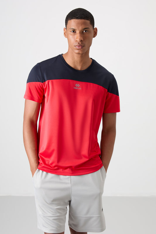 Red Polyester Breathable Textured Thin Flexible Standard Fit Men's Performance T-Shirt - 88386