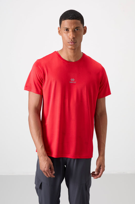 Red Polyester Breathable Jacquard Thin Flexible Standard Fit Men's Performance T-Shirt - 88397