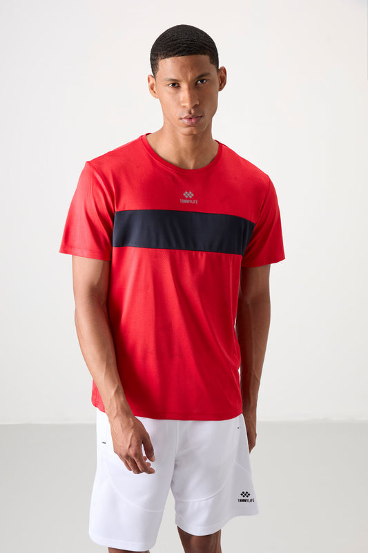 Red Polyester Breathable Jacquard Thin Flexible Standard Fit Men's Performance T-Shirt - 88398