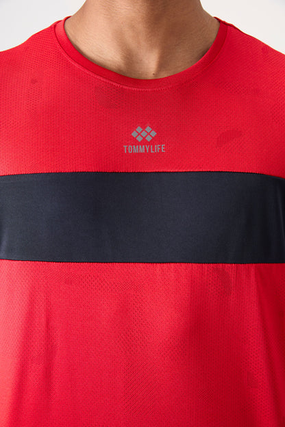 Red Polyester Breathable Jacquard Thin Flexible Standard Fit Men's Performance T-Shirt - 88398