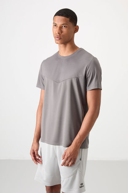 Dark Grey Polyester Breathable Textured Thin Flexible Standard Fit Men's Performance T-Shirt - 88391
