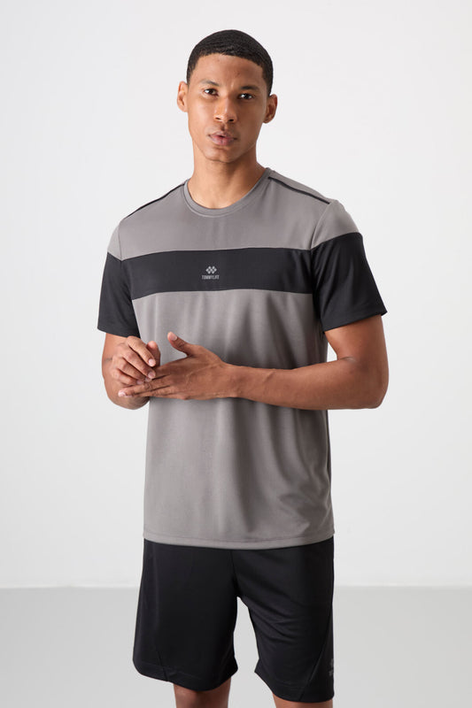Dark Grey Polyester Breathable Textured Thin Flexible Standard Fit Men's Performance T-Shirt - 88396