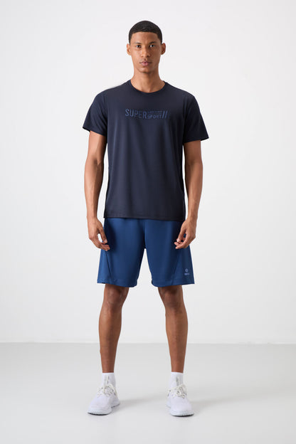 Navy Blue Polyester Breathable Textured Thin Flexible Standard Fit Men's Performance T-Shirt - 88385