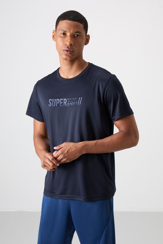 Navy Blue Polyester Breathable Textured Thin Flexible Standard Fit Men's Performance T-Shirt - 88385