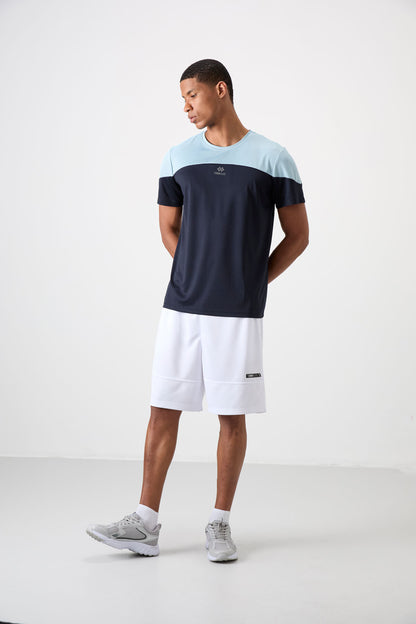 Navy Blue Polyester Breathable Textured Thin Flexible Standard Fit Men's Performance T-Shirt - 88386