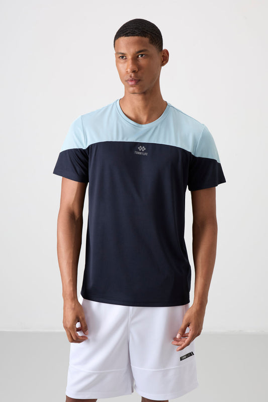 Navy Blue Polyester Breathable Textured Thin Flexible Standard Fit Men's Performance T-Shirt - 88386
