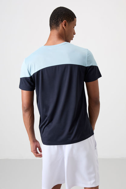 Navy Blue Polyester Breathable Textured Thin Flexible Standard Fit Men's Performance T-Shirt - 88386