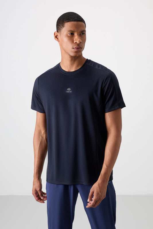 Navy Blue Polyester Breathable Textured Thin Flexible Standard Fit Men's Performance T-Shirt - 88390