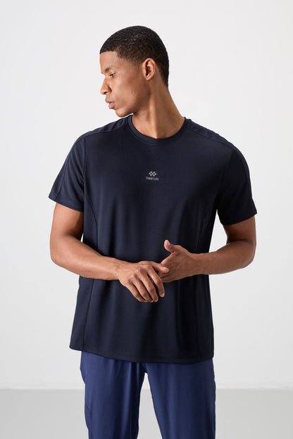 Navy Blue Polyester Breathable Textured Thin Flexible Standard Fit Men's Performance T-Shirt - 88390