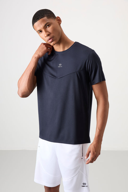 Navy Blue Polyester Breathable Textured Thin Flexible Standard Fit Men's Performance T-Shirt - 88391