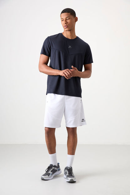 Navy Blue Polyester Breathable Textured Thin Flexible Standard Fit Men's Performance T-Shirt - 88391