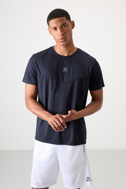 Navy Blue Polyester Breathable Textured Thin Flexible Standard Fit Men's Performance T-Shirt - 88391