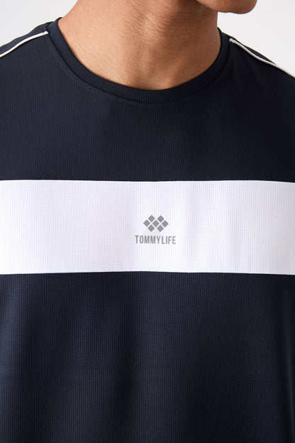 Navy Blue Polyester Breathable Textured Thin Flexible Standard Fit Men's Performance T-Shirt - 88396