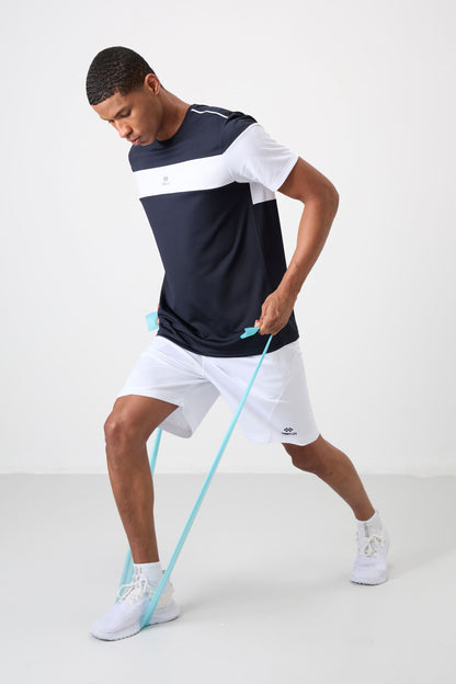 Navy Blue Polyester Breathable Textured Thin Flexible Standard Fit Men's Performance T-Shirt - 88396