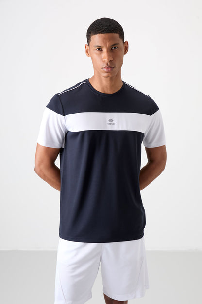 Navy Blue Polyester Breathable Textured Thin Flexible Standard Fit Men's Performance T-Shirt - 88396
