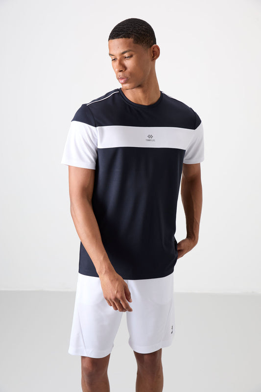Navy Blue Polyester Breathable Textured Thin Flexible Standard Fit Men's Performance T-Shirt - 88396