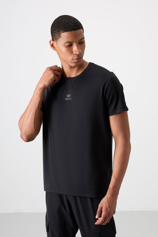 Black Polyester Breathable Textured Thin Flexible Standard Fit Men's Performance T-Shirt - 88387