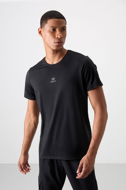 Black Polyester Breathable Textured Thin Flexible Standard Fit Men's Performance T-Shirt - 88387