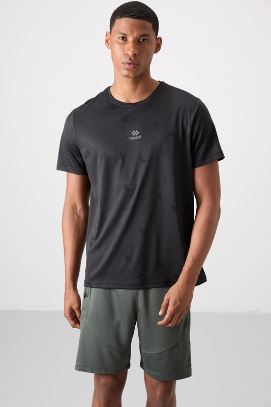 Black Polyester Breathable Jacquard Thin Flexible Standard Fit Men's Performance T-Shirt - 88397