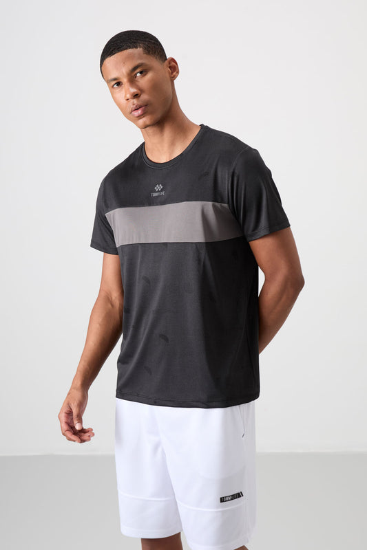 Black Polyester Breathable Jacquard Thin Flexible Standard Fit Men's Performance T-Shirt - 88398