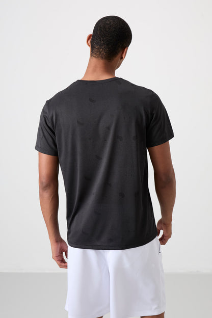 Black Polyester Breathable Jacquard Thin Flexible Standard Fit Men's Performance T-Shirt - 88398