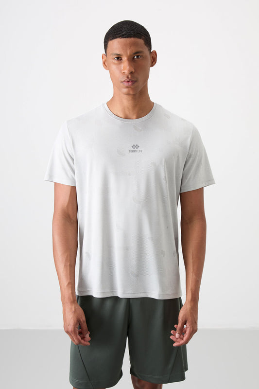 Stone Polyester Breathable Jacquard Thin Flexible Standard Fit Men's Performance T-Shirt - 88397