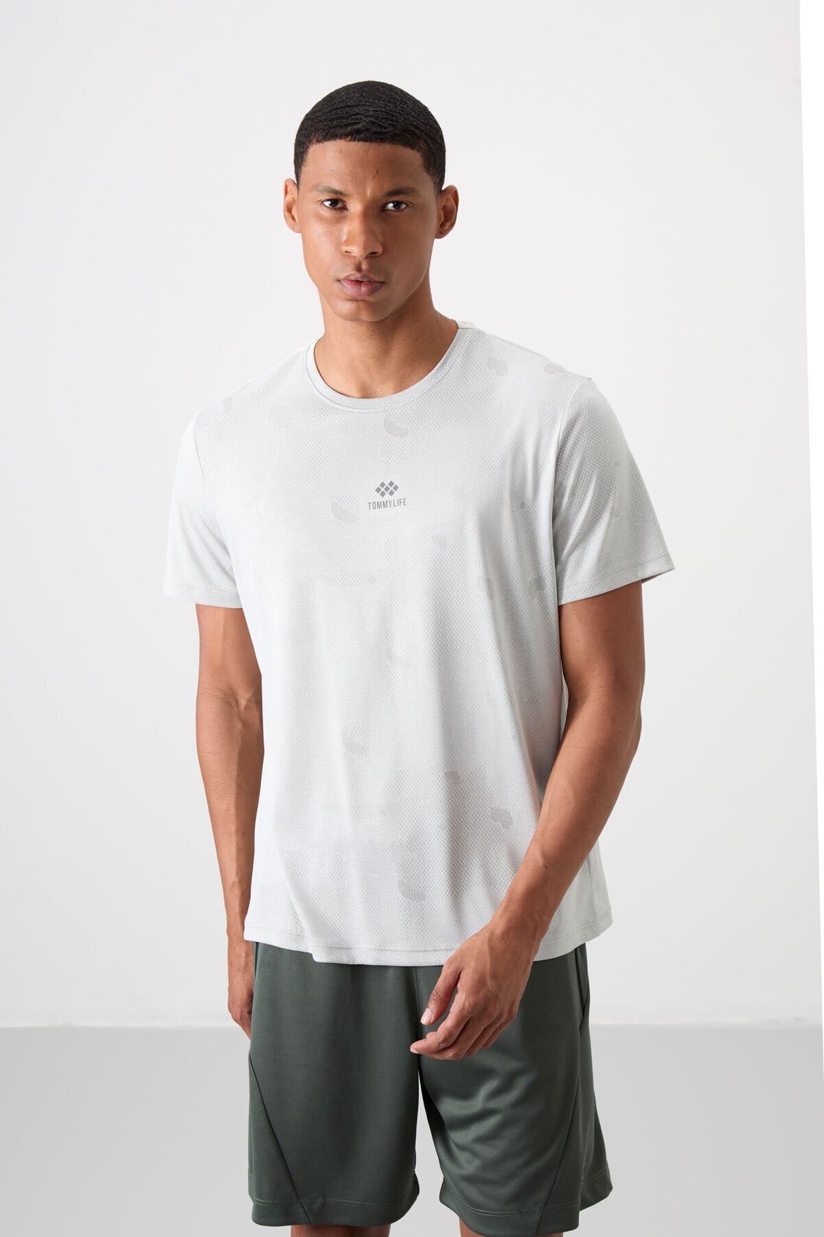 Stone Polyester Breathable Jacquard Thin Flexible Standard Fit Men's Performance T-Shirt - 88397