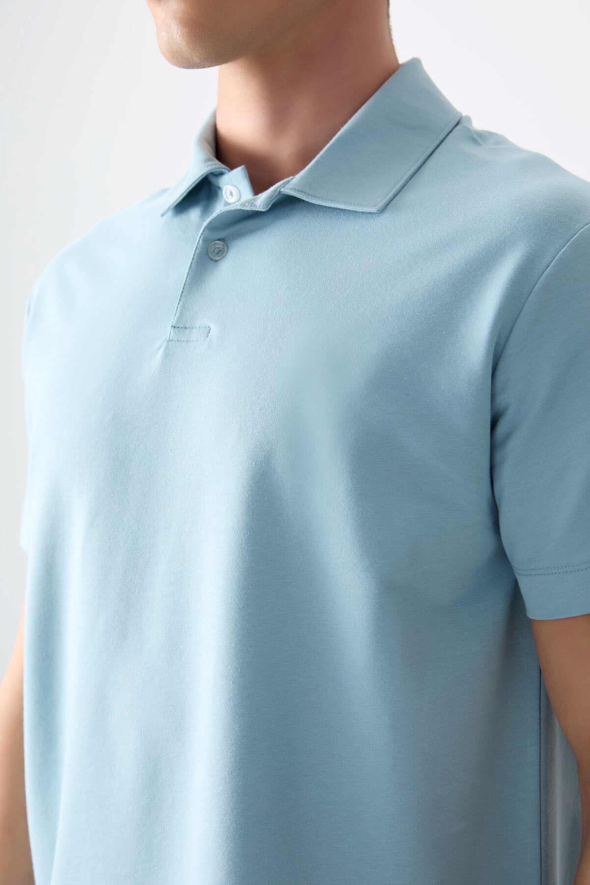 Light Blue Cotton Thick Soft Textured Polo Collar Oversize Fit Basic Men's T-Shirt - 88381