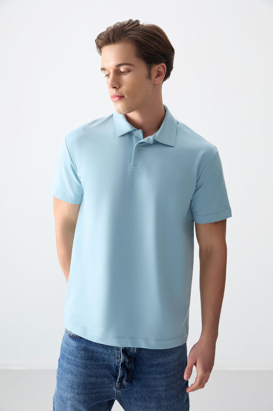 Light Blue Cotton Thick Soft Textured Polo Collar Oversize Fit Basic Men's T-Shirt - 88381
