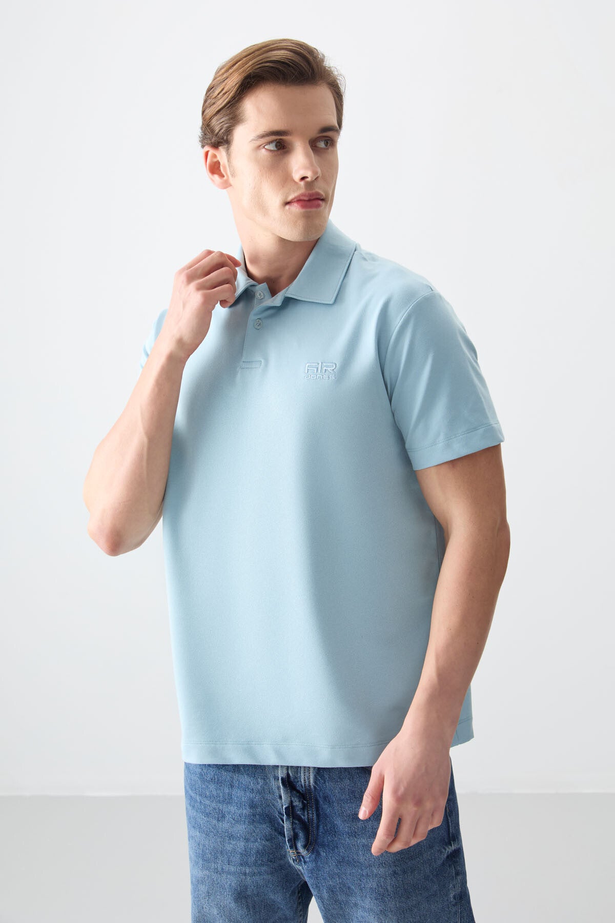 Light Blue Cotton Thick Soft Textured Polo Collar Oversize Fit Basic Men's T-Shirt - 88381