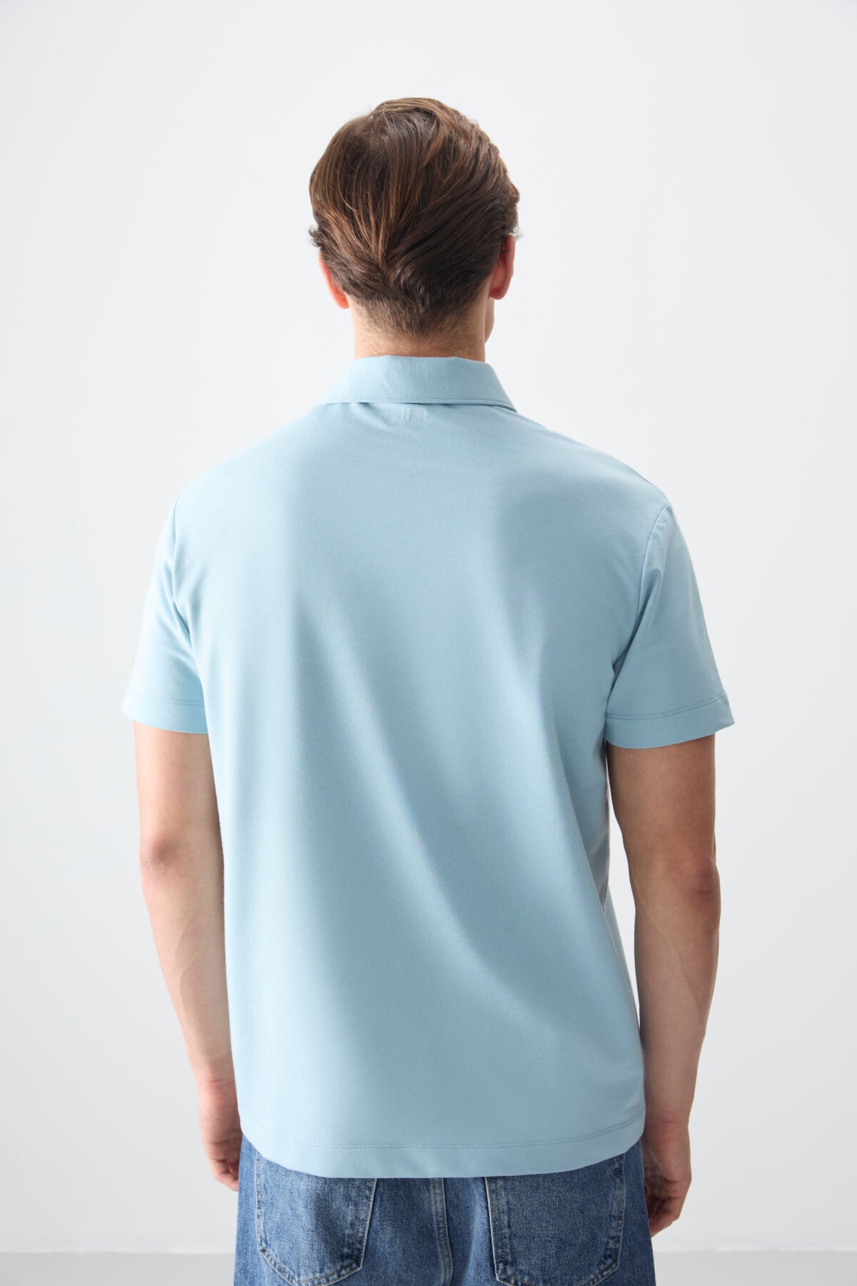 Light Blue Cotton Thick Soft Textured Polo Collar Oversize Fit Basic Men's T-Shirt - 88381