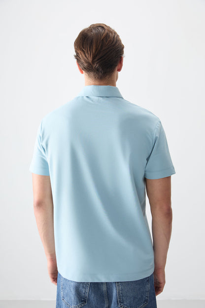 Light Blue Cotton Thick Soft Textured Polo Collar Oversize Fit Basic Men's T-Shirt - 88381