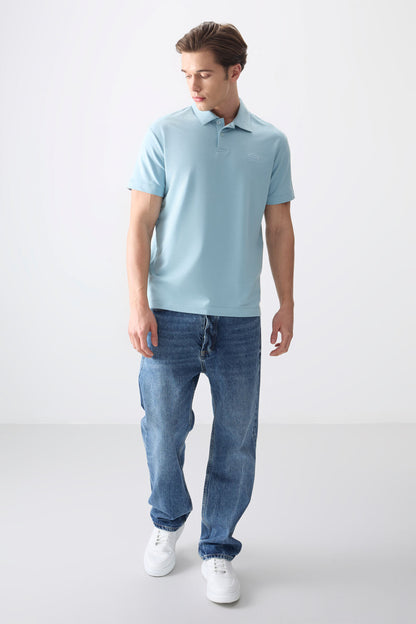 Light Blue Cotton Thick Soft Textured Polo Collar Oversize Fit Basic Men's T-Shirt - 88381