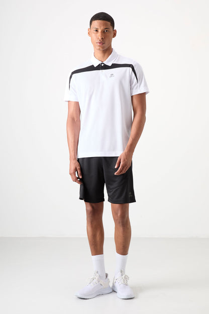 White Polyester Breathable Textured Thin Flexible Standard Fit Polo Collar Men's Performance T-Shirt - 88392