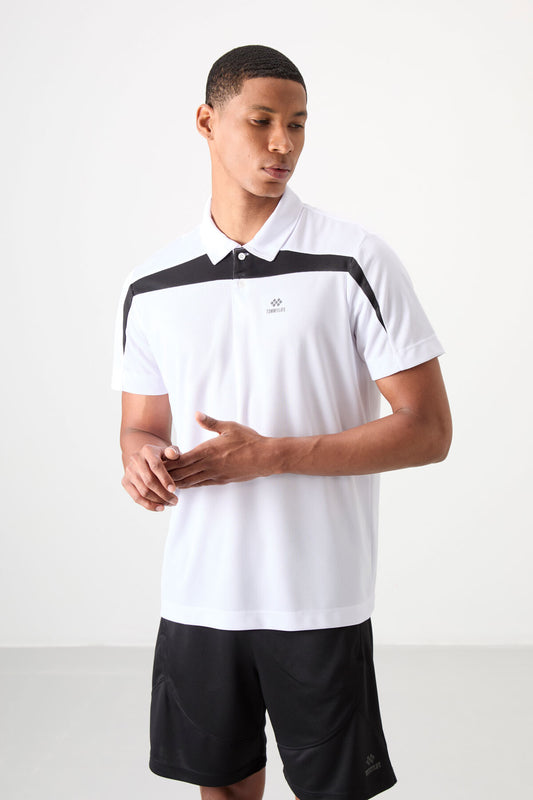 White Polyester Breathable Textured Thin Flexible Standard Fit Polo Collar Men's Performance T-Shirt - 88392