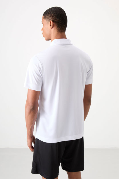 White Polyester Breathable Textured Thin Flexible Standard Fit Polo Collar Men's Performance T-Shirt - 88392