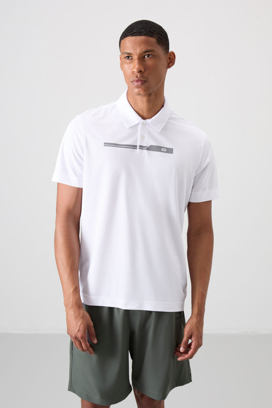 White Polyester Breathable Textured Thin Flexible Standard Fit Polo Collar Men's Performance T-Shirt - 88393