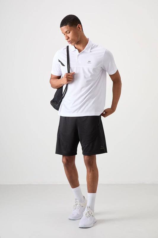 White Polyester Breathable Textured Thin Flexible Standard Fit Polo Collar Men's Performance T-Shirt - 88402
