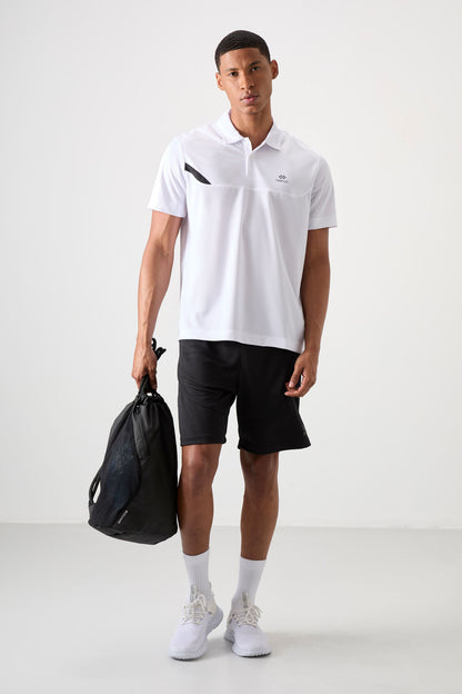 White Polyester Breathable Textured Thin Flexible Standard Fit Polo Collar Men's Performance T-Shirt - 88402