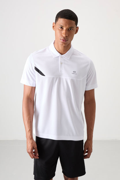 White Polyester Breathable Textured Thin Flexible Standard Fit Polo Collar Men's Performance T-Shirt - 88402