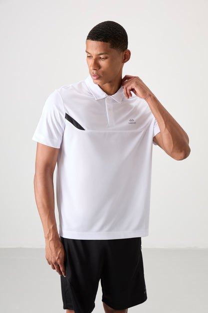 White Polyester Breathable Textured Thin Flexible Standard Fit Polo Collar Men's Performance T-Shirt - 88402