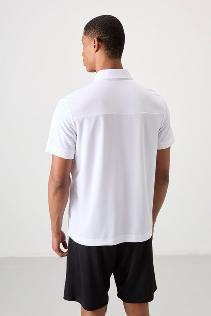 White Polyester Breathable Textured Thin Flexible Standard Fit Polo Collar Men's Performance T-Shirt - 88402