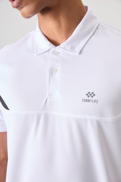 White Polyester Breathable Textured Thin Flexible Standard Fit Polo Collar Men's Performance T-Shirt - 88402