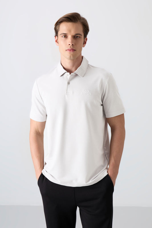 Ecru Basic Logo Standard Fit Knitted Polo Collar Men's T-Shirt - 87748
