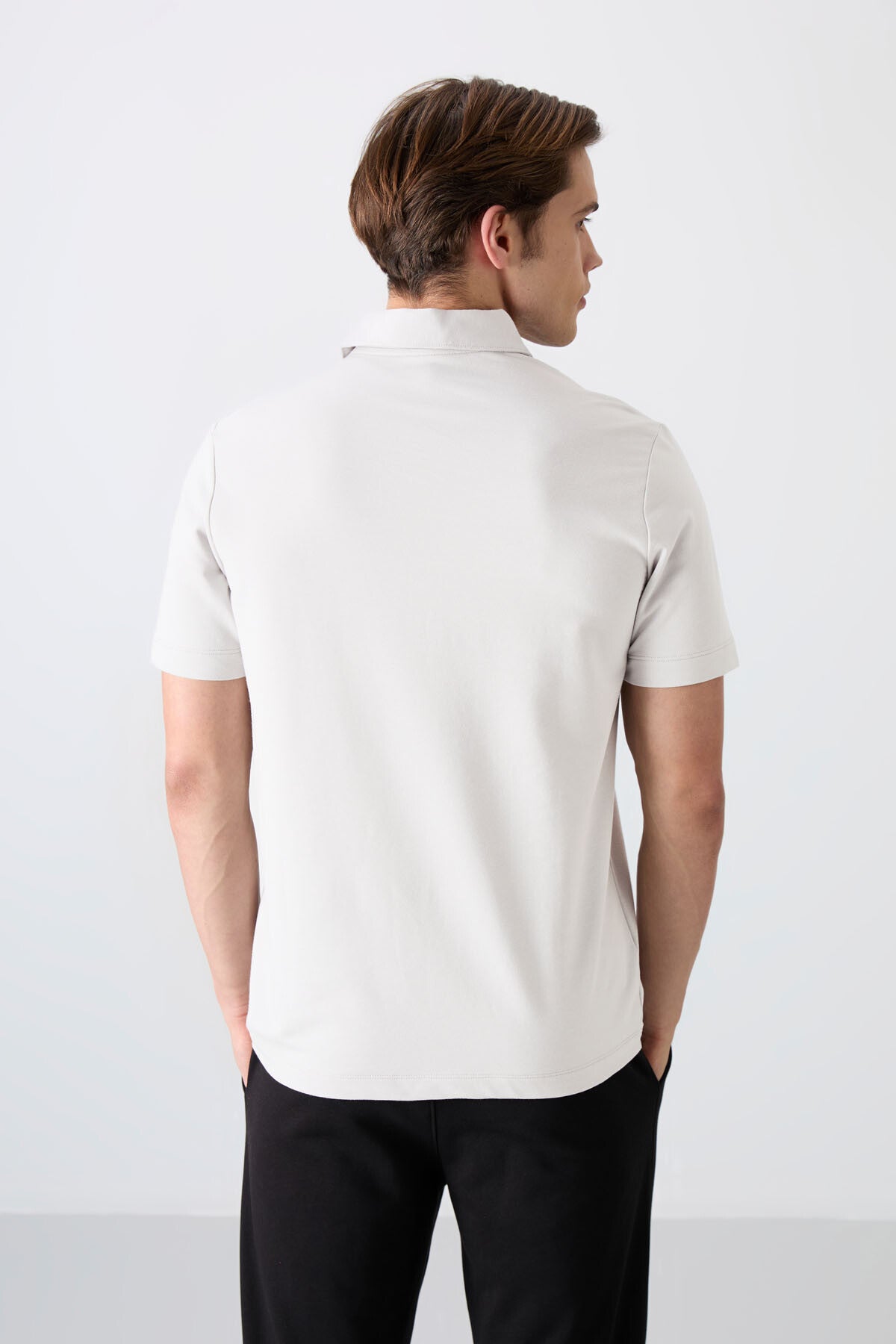 Ecru Basic Logo Standard Fit Knitted Polo Collar Men's T-Shirt - 87748