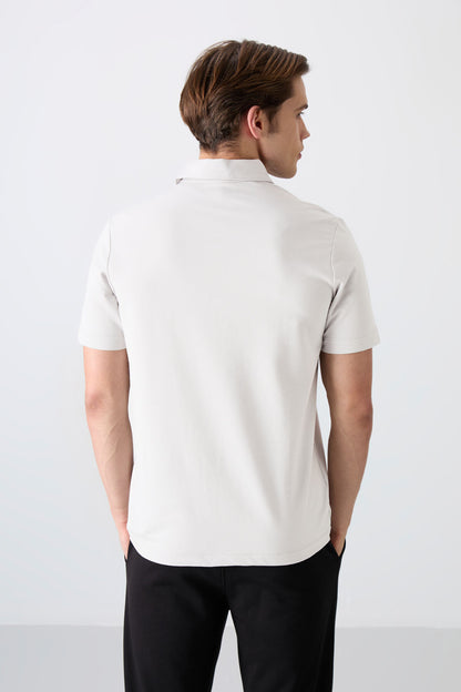 Ecru Basic Logo Standard Fit Knitted Polo Collar Men's T-Shirt - 87748