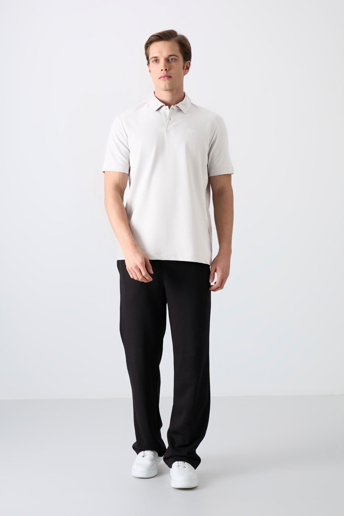Ecru Basic Logo Standard Fit Knitted Polo Collar Men's T-Shirt - 87748