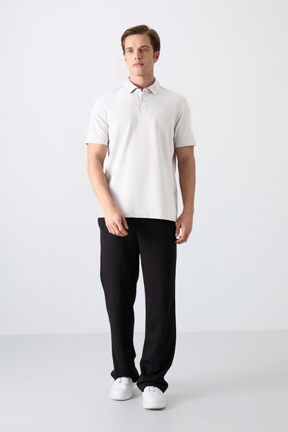 Ecru Basic Logo Standard Fit Knitted Polo Collar Men's T-Shirt - 87748