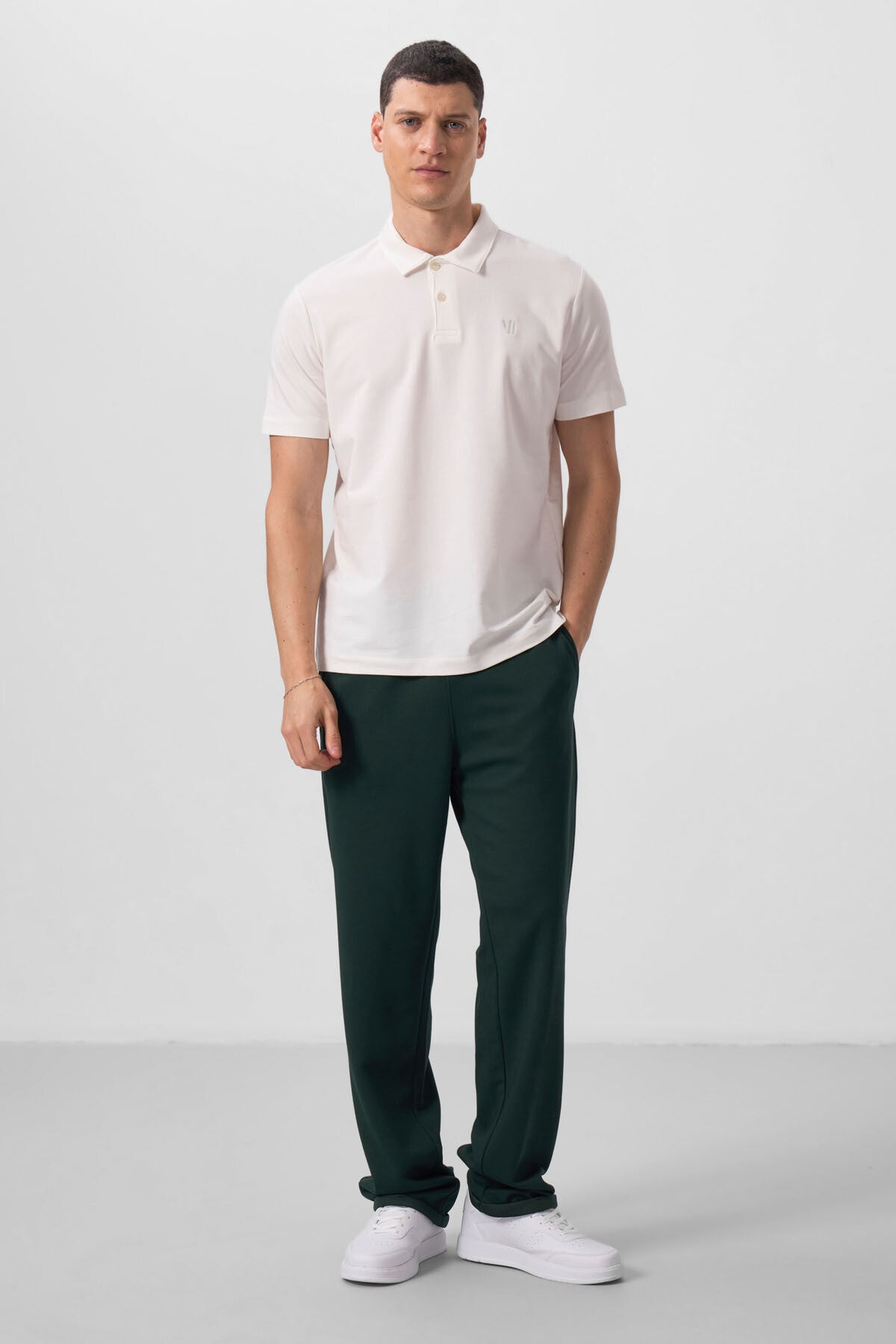 Ecru Basic Chest Logo Standard Fit Knitted Polo Collar Men's T-Shirt - 87768